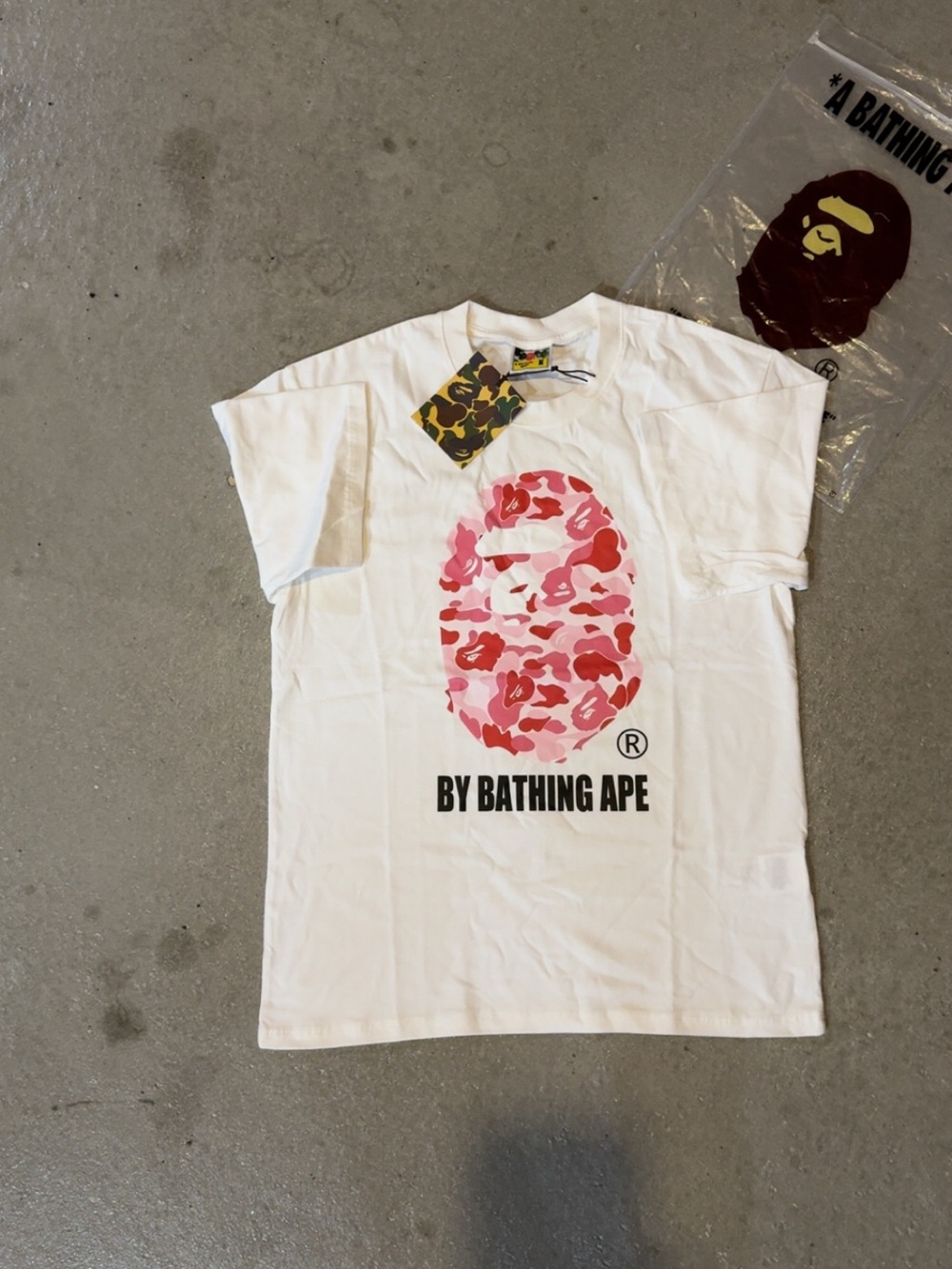 Bape White Tee with Pink Camo Ape Graphic